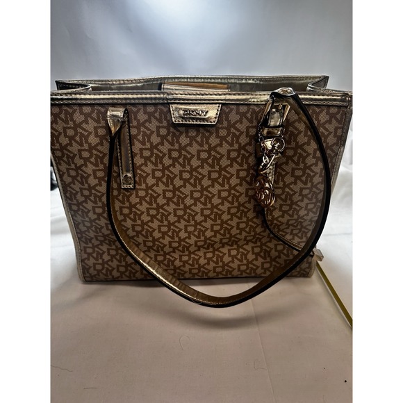 DKNY Repeat Gold Tote Bag Purse Beige w/ Brown Monogram in excellent cond 1990's - Picture 7 of 12